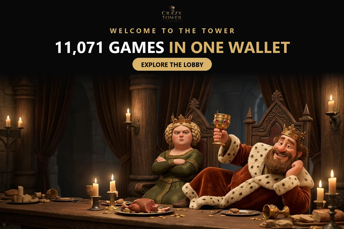 King and queen feasting in a candlelit hall for the crazy tower casino lobby of 11071 games