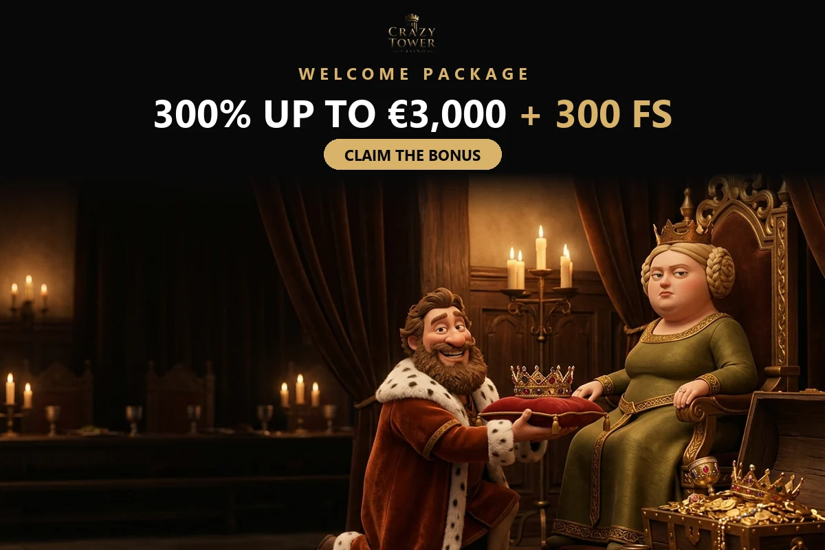 King offering a crown to the queen for the crazy tower welcome package of 300 up to 3000 and 300 free spins
