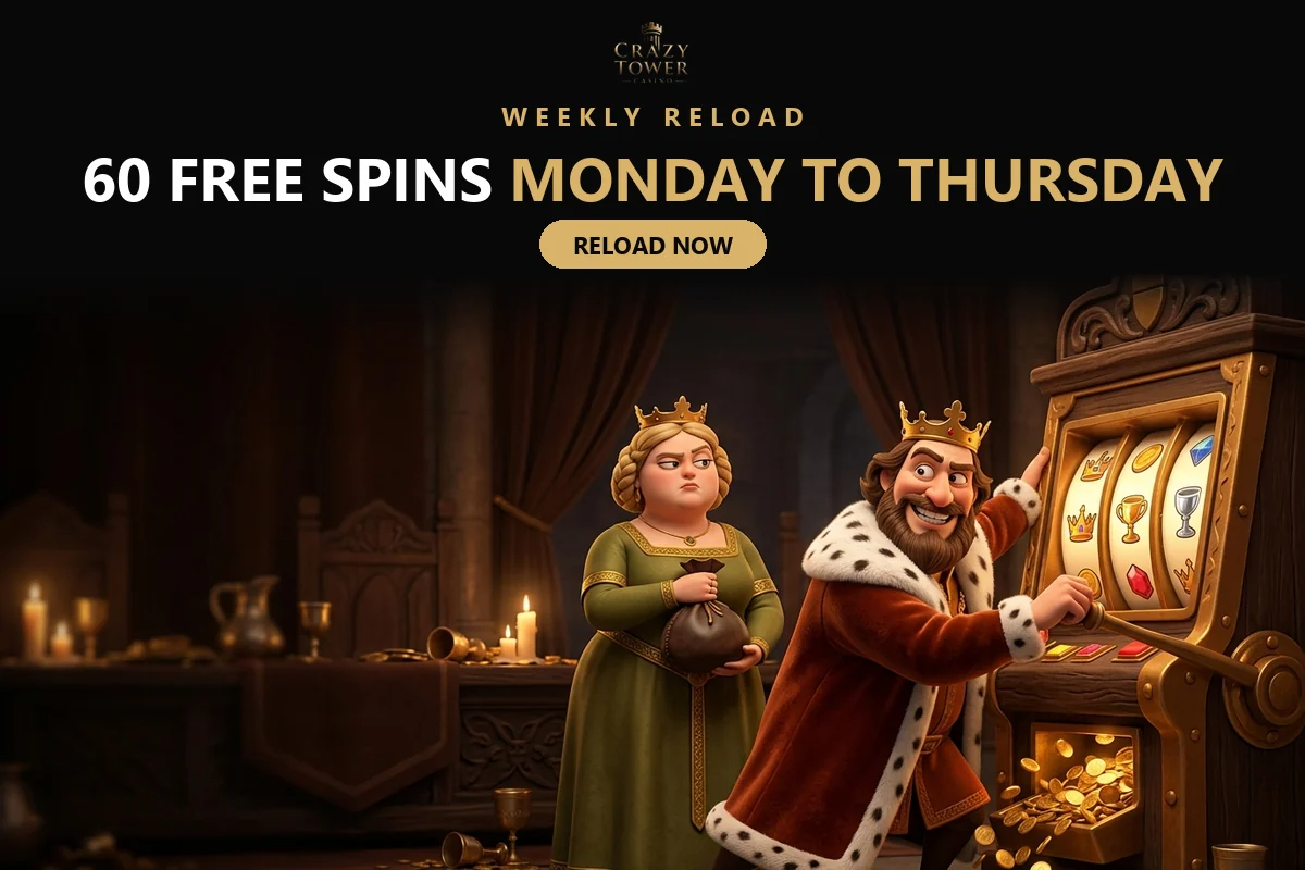King playing a medieval slot machine for the crazy tower weekly reload with 60 free spins