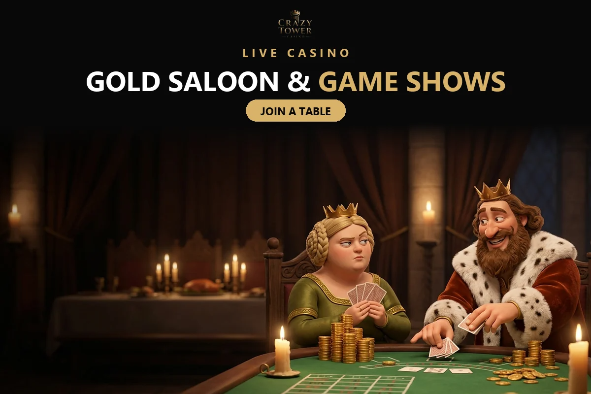 King and queen playing cards at a green table for the crazy tower live casino